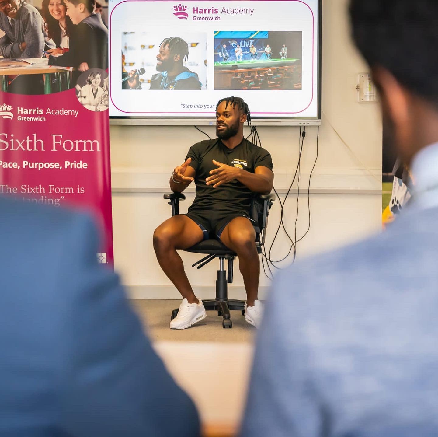 Speaking to students at Harris Academy Greenwich